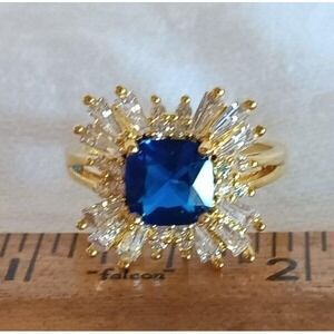 New Gold Clad Sterling Silver Cocktail Ring Large Blue Stone Emerald Cut Sz 8 3/